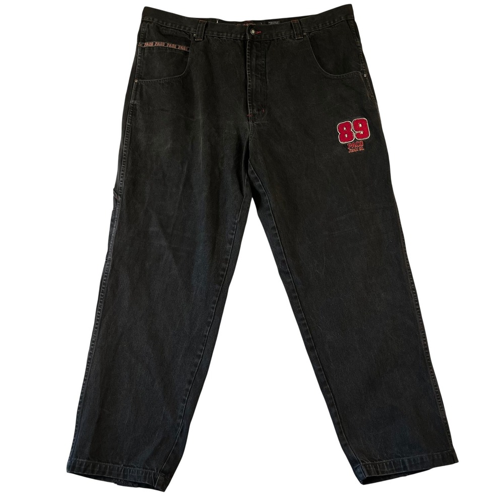 Vintage Paco Jeans Mens 46x34 (Fit 44x31.5) Baggy Black Red Stitching 90s